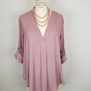 Lush Chiffon V Neck Roll Tab 3/4 Sleeve Mauve Blouse Ladies Size Medium